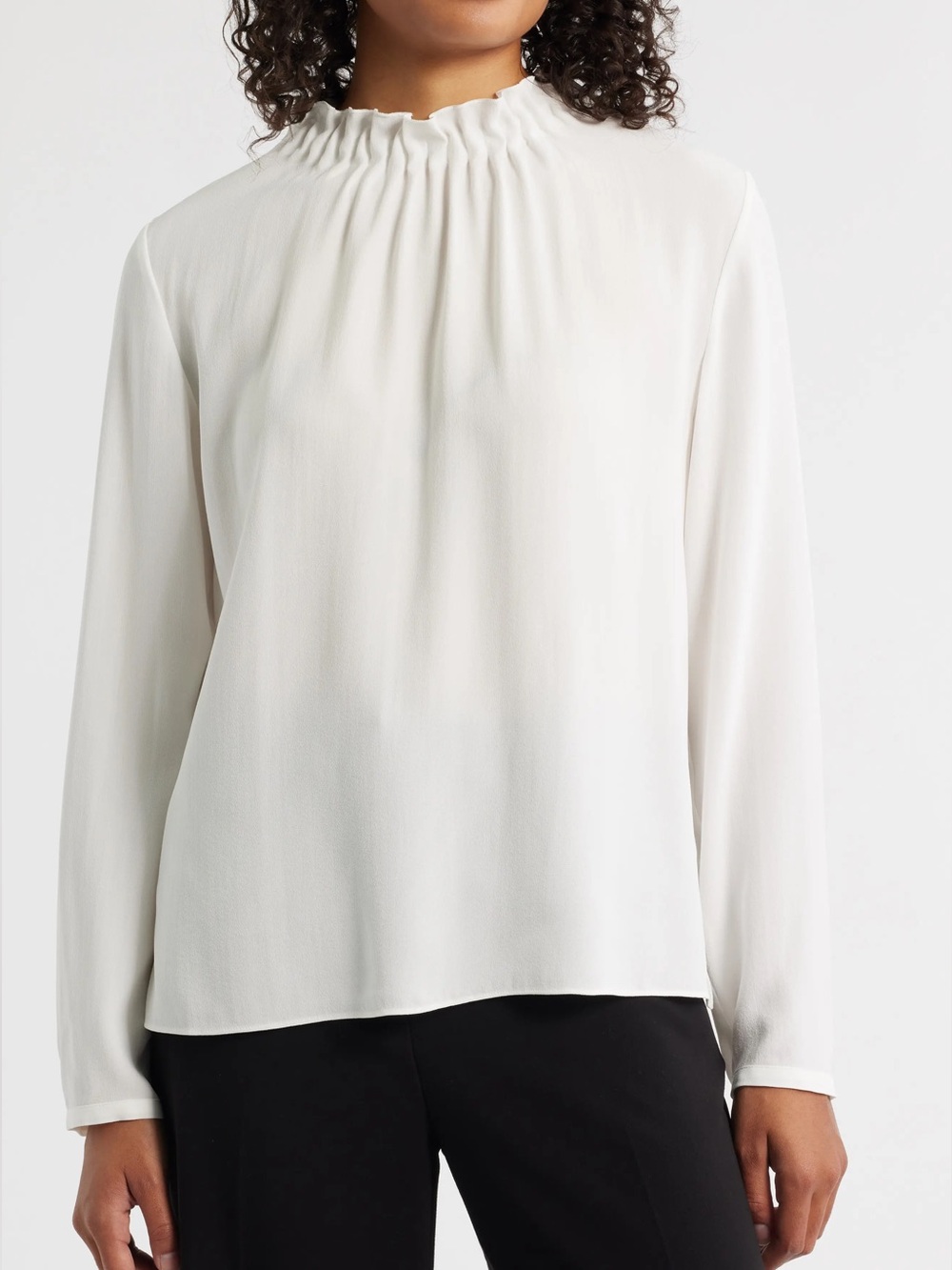 NWT Eileen Fisher Ivory Silk Georgette Crepe Gathered Neck Long Sleeve Top M